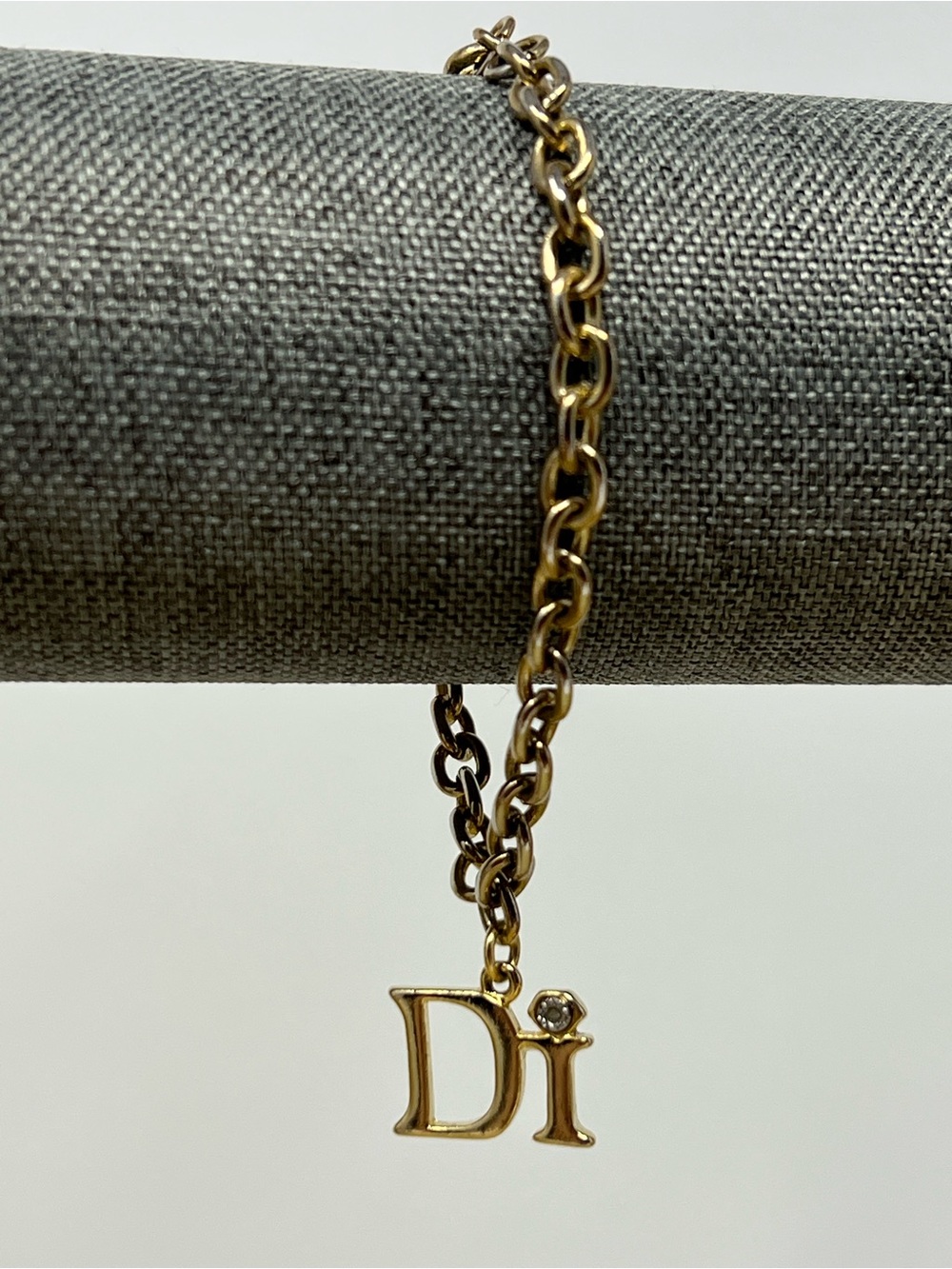 Vintage Gold Tone "Di" Initial Charm Bracelet - Genuine Diamond Accent Chip